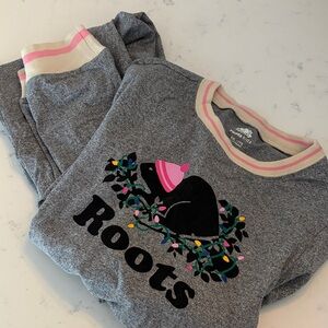 Roots Gray Pajama Set with Bear and Pink Accents